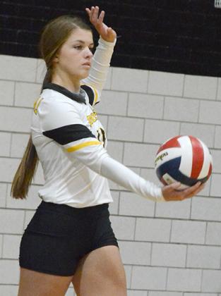 Snyder junior Eliza Cowley recorded four kills and two digs in the Lady Tigers’ 3-0 loss to Brownfield Tuesday. 