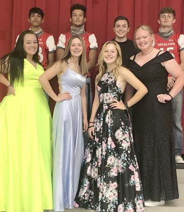 On the front row are Hermleigh High School Homecoming Queen nominees (l-r) Baeleigh Botts, Brittany Smith, Rece Elkins and Paisley Coleman. On the back row are Homecoming King nominees Jonathan Digby, Devin Hildebrand, Deric Wanderlich and Tyler Thompson.