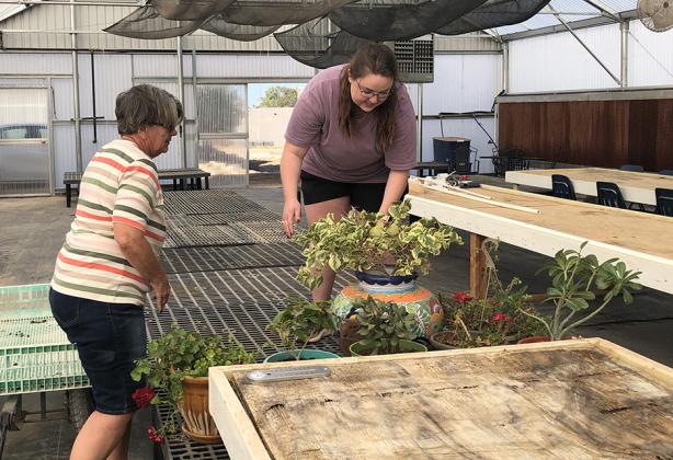 Sandy Crawford (left) dropped off her plants to be overwintered at the Snyder ISD greenhouse with help from greenhouse coordinator McKenna Jenkins.