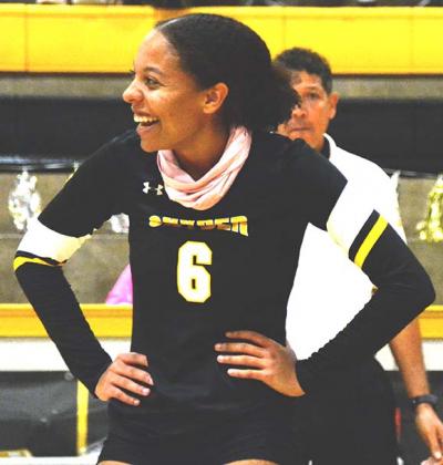 Snyder senior volleyball player Kamiah Davis laughed during a 3-0 win over Big Spring on Saturday. For game stories on the Big Spring and Sweetwater matches, see the Sports section.