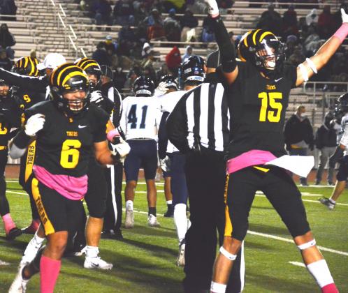 Snyder juniors Jorge Olivarez (left) and Tim Henderson celebrate a Snyder fumble recovery during the first quarter of Friday’s game against Midland Greenwood.