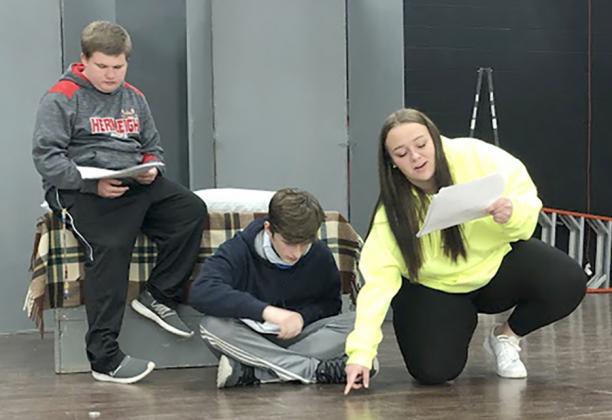 Hermleigh students (l-r) Korbin Elder, Tyler Thompson and Baeleigh Botts rehearsed a scene in their One-Act Play, The Yellow Boat by David Saar.