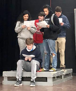 Students (l-r) Adrianna Garcia, Tyler Thompson, Jase Ellison, Davyan Callaway and Reid Campbell read through a scene at their rehearsal Monday.