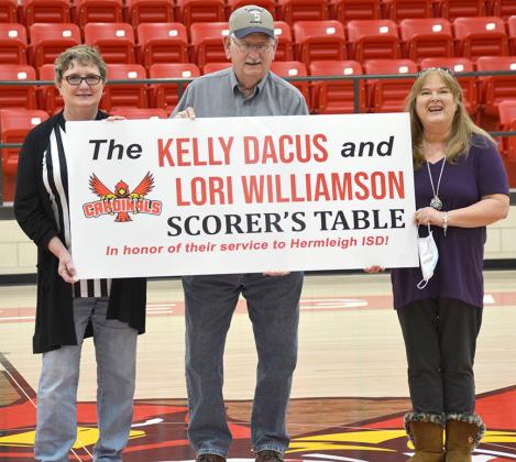 Pictured with a new board for the Hermleigh ISD scorer’s table are (l-r) Lori Williamson, Clarence Spieker and Kelly Dacus. The school district named the scorer’s table in Cardinal Gym for Dacus and Williamson to recognize their 25-plus years spent working the table for Hermleigh basketball games.