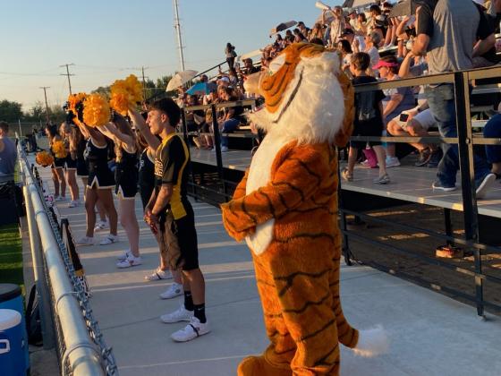 Melissa McCraghen/Special to TSN Snyder High School varsity cheerleaders , mascot and fans watched as the Snyder Tigers defeated the Slaton Tigers in Slaton Friday night. See story on Page 10.
