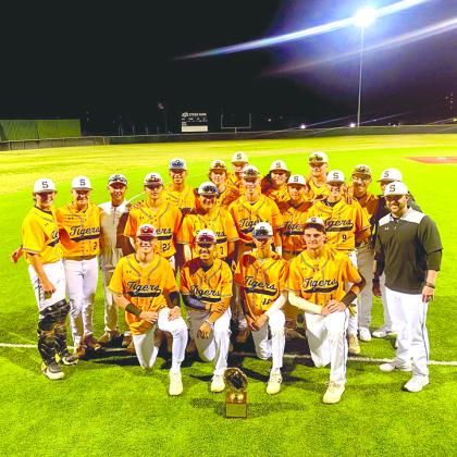 Contributed Photo Pictured are members of the Snyder Tigers baseball team after clinching the district title. On the front row (l-r) are Connor Murray, Aythen Tarin, Tyler Clark and Dyllan Angeley. In the middle row are Jaxon West, Easton Stewart, Head Coach Shane Stewart, Ethan Rios, Dominic Dominguez, Caleb Williams and Assistant Coach Taylor Snodgrass. On the back row are Chon Vasquez, Walker Wilson, Kyler Groves, Ty Davis , Tony Cagle, Gavin Fuentes and Assistant Coach Andrew Sosa.
