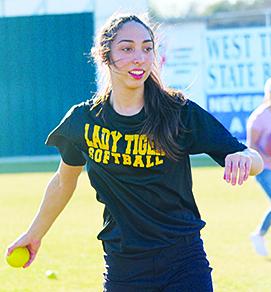 Snyder senior Claudia Gutierrez pitches during Monday’s practice at Cates Field. The Lady Tigers will scrimmage at Lubbock High School Jan. 31. The JV scrimmage will start at 5 p.m., followed by the varsity at 7 p.m.