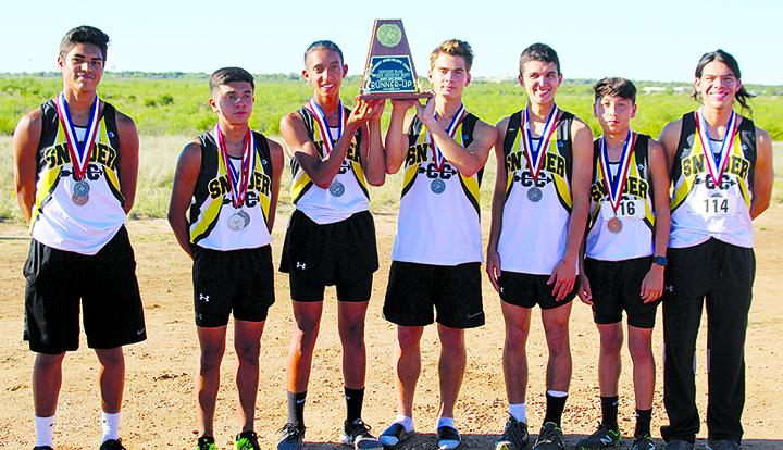The Snyder High School boys finished second at the District 5-4A cross country meet at Western Texas College Wednesday. Pictured are (l-r) Corey Landin, Christian Escobedo, Michael Jaramillo, Andrew Stelluti, Jason Howard, Jeremiah Rodriguez and Adrian Monroy. 