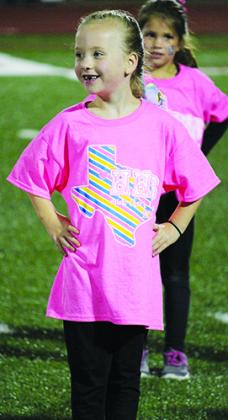 Hermleigh ISD elementary student Emilee Young performed with the mini cheer squad during halftime of Thursday’s football game. Young is the daughter of Jeremiah and Jennifer Young. Hermleigh won the game 76-68.