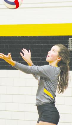 Snyder junior Kate McWilliams served the volleyball during Snyder’s three-set sweep over San Angelo Lake View Tuesday.