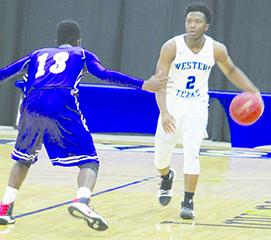 Western Texas College’s  Miles McDougal (2) looks downcourt against Ranger during Tuesday’s 83-74 win.