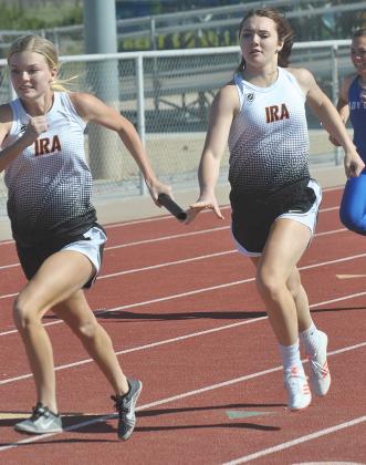 Ira’s Macie Hanshew (left) and Madison Peterson, along with Shyia Hill and Evelyn Gallegos, qualified for the regional 400- and 800-meter relays during Monday’s area meet in Hamlin.