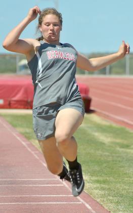 Hermleigh’s Makia Gonzales attempted a long jump. She finished second in the event.