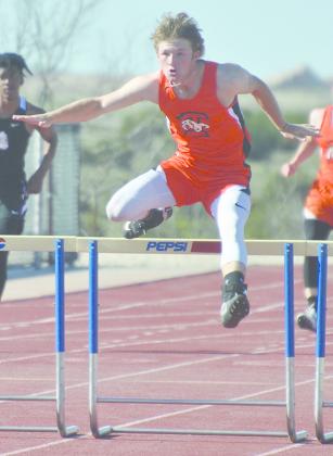 Ira’s Karson Valentine eyed the finish line in winning the 300-meter hurdles at the District 13-1A track and field championships on Thursday at Highland High School.