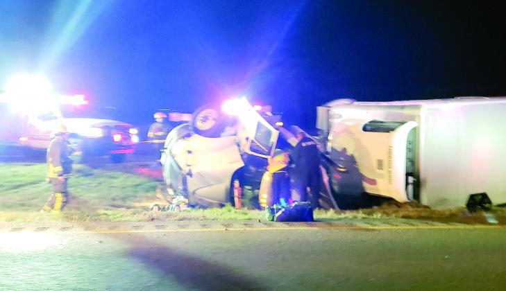 Scurry County first responders worked to extract the driver of an overturned 18-wheeler on U.S. Hwy. 84 north of Snyder at around 6:30 a.m. today. The accident closed southbound lanes on Hwy. 84 for a short time. The driver’s condition was unknown at press time.