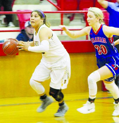 Snyder’s A’lize Conner (35) dribbles away from Graham’s Allison Lee before making the game-winning shot in Tuesday’s Class 4A bi-district playoff game. 
