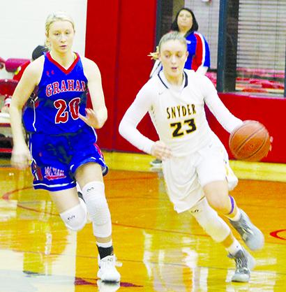Snyder’s Natalee James (23) dribbles downcourt  during the fourth quarter in Tuesday’s Class 4A bi-district playoff game. 