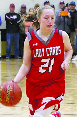 Hermleigh’s Lillyan Digby dribbles down the court during Monday’s playoff game against Dawson. The Lady Cardinals will play Marfa in a Class 1A area round playoff game at 7 p.m. Thursday in Rankin.
