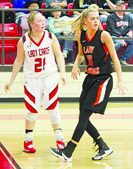 Ira’s Lexie Hanshew (10) guards Hermleigh’s Lillyan Digby during a regular season. The Lady Bulldogs will play Sierra Blanca in a Class 1A area round playoff game Friday in Kermit.