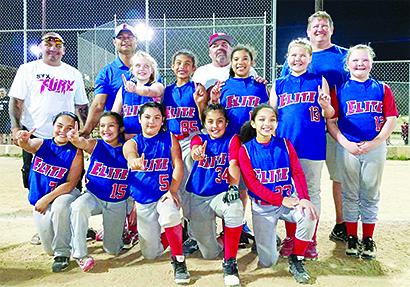 The West Texas Elite youth softball team won the Fury for the Love of the Game Tournament last weekend in San Antonio. Pictured on the front row are (l-r) Mia Clemmer, Carisa Fernandez, Jenna Rodriguez, Rayann Chavez and Germanie Williams. On the back row are tournament host Robert Pagan, coach Terry Clemmer, Emma Davis, Kaidy Ornelas, coach Billy Newton, LaVona Sarabia, Hannah Wells, coach Tony Daniel and Kendall Daniel.  Not pictured is Saleigh Hernandez.