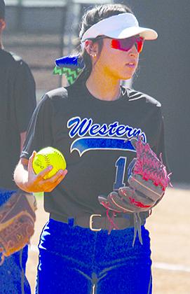Western Texas College’s Alyssa Adames looks to make a throw after fielding a bunt during Friday’s doubleheader against Dodge City Community College. The Lady Westerners swept a doubleheader from Colby Community College Saturday and split a doubleheader with Otero Junior College Sunday.