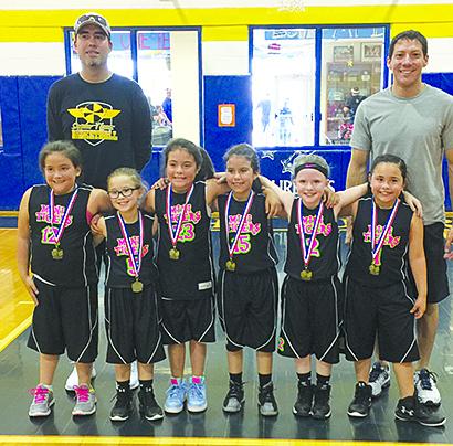 Contributed Photo The Snyder Mini Lady Tigers won the Spur eight-and-younger basketball tournament last weekend. Pictures are (l-r) Whitney Lambaren, coach Elmer Quiroz, Avery Gonzalez, Lea Aviles, Eliana Quiroz, Aubrey Adams, Taegan Garcia and coach Larry Lambaren.