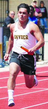 Snyder’s Jose Juarez runs to the finish line during the 400-meter relay at last week’s District 2-4A boys’ track and field meet. The relay team is one of Snyder’s entries at Thursday’s Class 4A area meet.