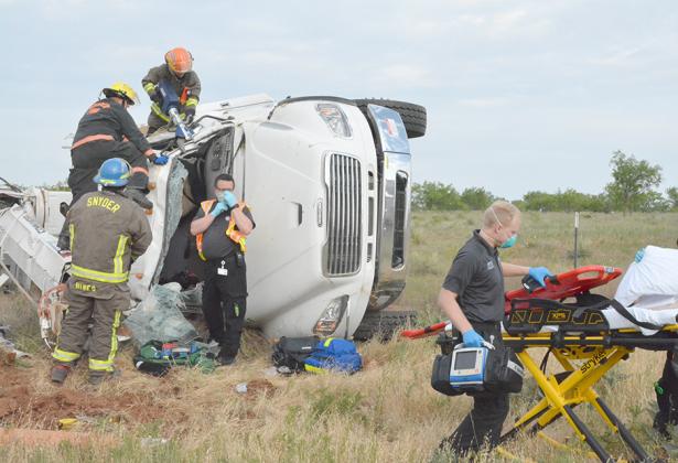 Firefighters Jay Callaway and Tyson Turner cut into a vehicle so that fire marshal Nathan Hines and paramedics Jarrod Greene and Zach Nobles could extract a subject trapped inside after a one-vehicle rollover accident Monday. First responders from the Scurry County Sheriff and Snyder Fire departments and Scurry County EMS responded at 8:26 a.m. to the accident location in the 9000 block of FM 1609. The subject was extracted and transported by Native Air.