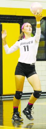 Natalee James, who is shown preparing to serve in a match last season, and her Snyder teammates will begin preseason volleyball practice at Tiger Gym Wednesday. The Lady Tigers will conclude preseason drills with a scrimmage at Brownfield on Aug. 4.