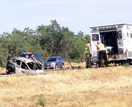 Emergency personnel investigated a wreck on U.S. Hwy. 84 near the intersection with FM 1611 Wednesday and extracted its injured occupants. Two women were flown from the scene to regional hospitals Wednesday after their vehicle, shown above, veered into the highway’s median and crashed, starting a grass fire.