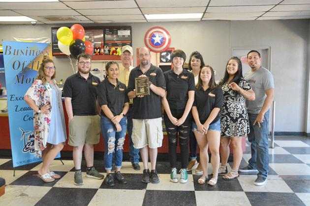 The Snyder Chamber of Commerce and Gold Coats named Cinema Snyder as the Business of the Month for July. Attending the celebration were (l-r) Tara Camp, Jay Beaver, Adrianna Juarez, Charles Ragland, Matt Hester, Jasmine Galloway, Sandra Salinas, Missy Salazar, Summer Grimmett and Josh Ortegon.