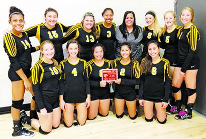 Contributed Photo The Snyder Lady Tiger JV volleyball team finished third in the gold bracket at the Fillie Festival in Denver City last weekend. Pictured on the front row are (l-r) Bethany Johnson, Kate McWilliams, Alexia Ruiz, Daija Torrez and Kelcie Rodriguez. On the back row are Madelynn Cobb, Chloe Gutierrez, Emily Cummins, Kamiah Davis, coach Mindi Bredemeyer, Kendra Bynum, Erin Crane and Misty Johnson. Snyder defeated Lubbock Estacado (25-10, 25-5), Seminole (25-17, 25-18) and Midland Classical (25-1