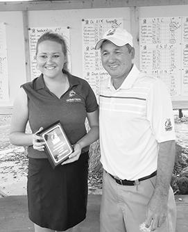 Western Texas College’s Emily Coleman (left) received the first-place plague after winning the Texas Lutheran Lady Bulldog Classic. Also pictured is WTC head coach Todd Selders.