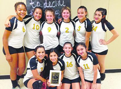 Contributed Photo The Snyder eighth grade Gold volleyball team won the consolation bracket at the Lamesa Junior High School Volleyball Tournament on Saturday. Pictured on the front row are (l-r) Caira Galvan, Abby Benitez, Katie Delora and Melanie Martinez. On the back row are Joanie Burns, Emma Vasquez, Madison Lieb, Brianna Richburg, Ke’Odisty Daniels and Alex Salinas.