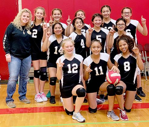 The Snyder seventh grade Black volleyball team won the seventh grade B division tournament. Pictured on the front row are (l-r) Whitley Anderson, Analy Rodriguez and Olivia Green. On the second row are Kaleigh Romero, Brianna Depaz, Lanie Guzmon and Bethany Yanez. On the back row are coach A’lex Lutz, Allie Gullett, Anna Stelluti, Raylee Avalos, Anakaren Miranda and Peyton Grope.