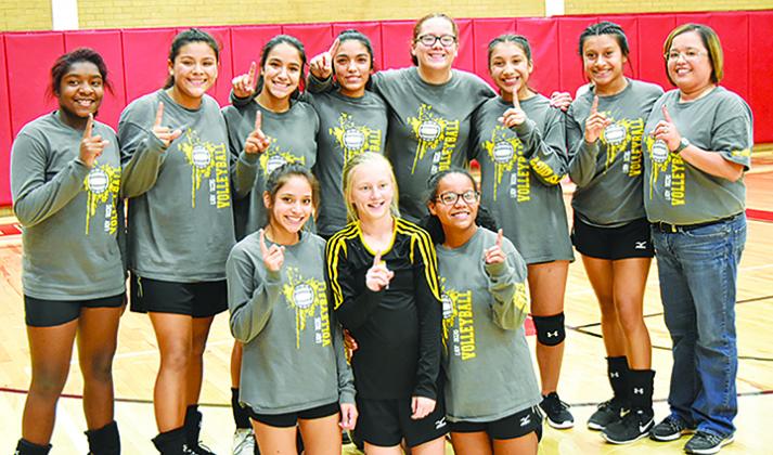 The Snyder eighth grade Gold volleyball team won the eighth grade Sweetwater A division tournament. Pictured on the front row are (l-r) Geleska Aguirre, Dayz Lentz and Jada James. On the back row are Neheva Williams, Iliana Madrid, Julie Munoz,  Amy Martinez, Myia Braziel, Azariah Sosa, Miranda Amaya and coach Bianca Gonzalez.