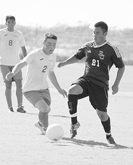 Western Texas College’s Mikey Greed (2) battles for possession of the ball with a Ranger College defender during Tuesday’s match. The Westerners and Ranger ended in a 1-1 tie. The Lady Westerners lost to Ranger, 4-1.