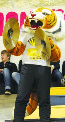 Snyder High School Tiger mascot Keely Bartels played the symbols during a recent home basketball game. Snyder will host Levelland today.