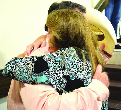Western Texas College President Dr. Barbara Beebe hugged Scurry County Sheriff Trey Wilson after her press conference Thursday afternoon.