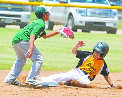 SDN Photo/Larry McCarty Snyder’s Brandt House (23) slides into second base against Abilene Eastern during Saturday’s game at Logan Field. Snyder shut out Eastern 30-0 to win its opening pool game of the District 5 Little League 11-and-under International Tournament.
