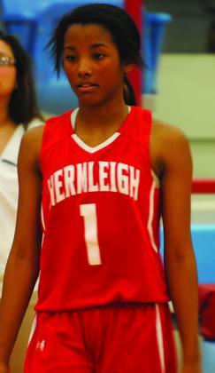 Hermleigh High School students Brishaya Sneed (shown here) and Aaliyah Sneed participate in several activities at the school, including playing for the girls’ basketball team. After most basketball games, they cheer on the boys’ team.