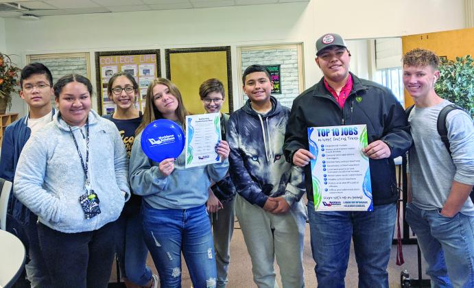 Snyder High School students participated in a Reality Check activity as part of the Celebrate Careers program by Workforce Solutions of West Central Texas. Pictured are (l-r) Kevin Nguyen, Daniela Dominguez, Bethany Avalos, Aspen Reeves, Megan Garcia, Billy DeLao, Jorge Torres and Johnny Jamison.