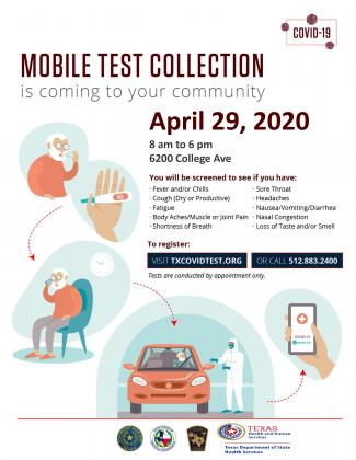 COVID-19 Mobile Test Collection will begin in Scurry County April 29, 2020, by appointment only. Call (512) 883-2400 or visit txcovidtest.org to register.