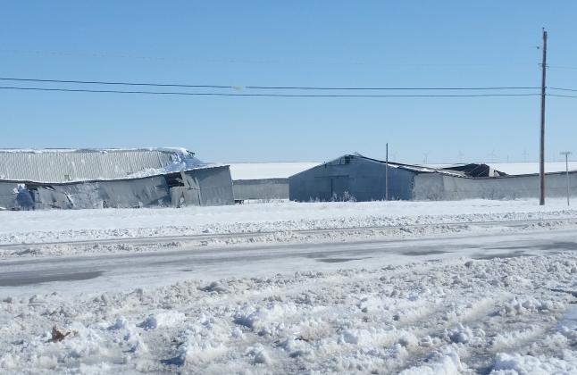 two cotton warehouses located just north of U.S. Hwy. 180 were damaged during the recent weather that saw as much as 12 inches of snow fall in Snyder and temperatures plummet to around 0 degrees.