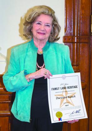 Clinta Blackard Williams was recognized by Texas Department of Agriculture for her family’s century-old ranch. Dorward Ranch in Borden County was founded in 1917 by Williams’ grandfather James Clinton Dorward and has remained in the family ever since.
