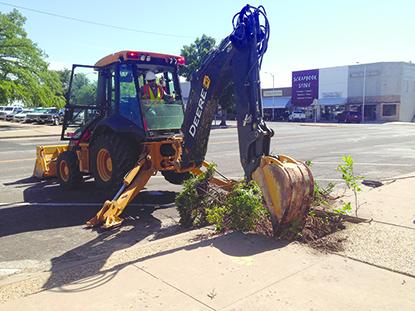 City of Snyder employee Carlos Bermudez uprooted plants on 26th Street in front of the Ritz Theatre Friday. New trees are scheduled to be planted on the downtown square next week as part of the Downtown Beautification Committee’s revitalization project.
