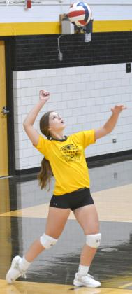 Snyder junior Eliza Cowley prepared to hit a serve during the Lady Tigers’ scrimmage against Odessa Compass Friday. 