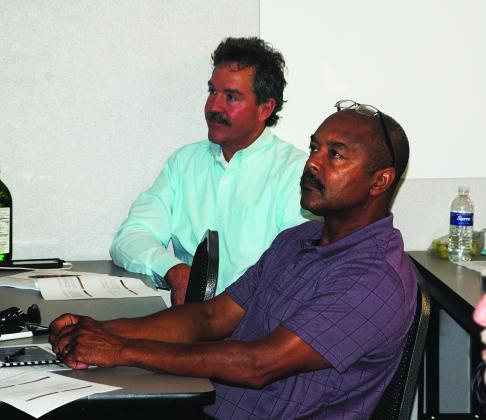 Scurry County Pct. 1 Commissioner Terry Williams (left) and Snyder Mayor Tony Wofford were among the public officials who learned about emergency management response during a workshop on Monday. 