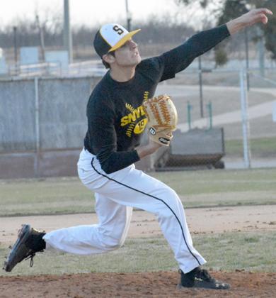 Snyder junior Austin Escobedo threw a pitch during a scrimmage earlier this season. Escobedo struck out nine and threw all seven innings in the Tigers’ 4-2 win over Krum Friday