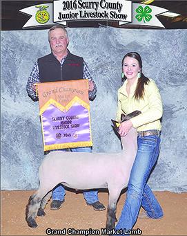 Scurry County 4-H member Claire Hamlett showed the grand champion lamb at the 2016 Scurry County Junior Livestock Association show. Also pictured is judge Richard Long.